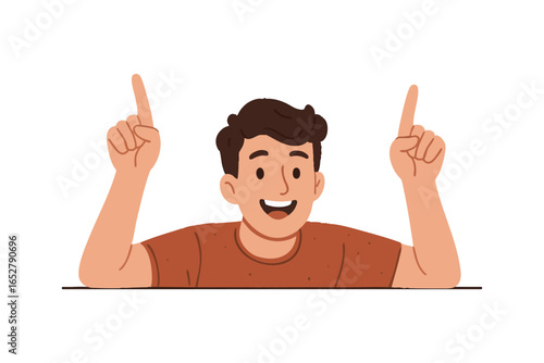 A young male is smiling and pointing upward with both hands, expressing excitement and enthusiasm. His positive demeanor creates a lively and upbeat vibe in the setting. Vector flat illustration