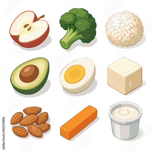 Vector food broccoli carrot boiled healthy icons egg rice icon apple yogurt