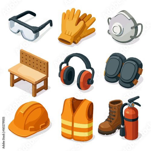 Icon vector dust hearing safety vest work gear hard mask gloves icons