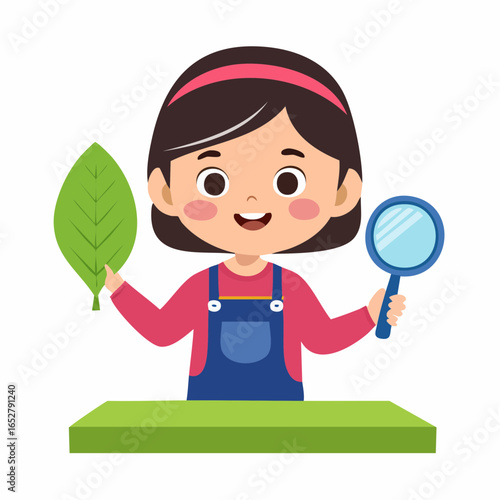 Vector icon of a kid exploring nature with magnifying glass, symbolizing curiosity in science education.