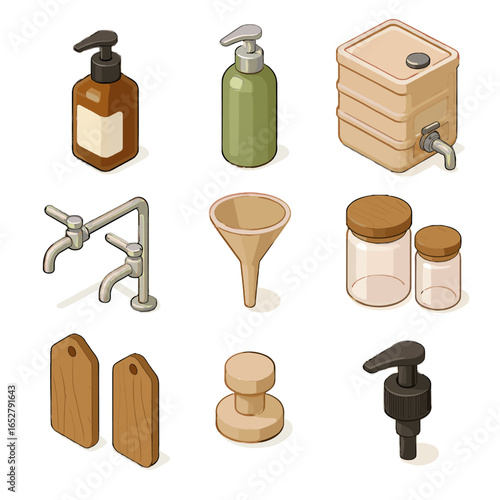 Icon eco liquid funnel refill vector pump dispenser wooden soap shampoo bathroom