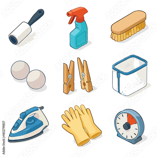 Roller gloves laundry spray dryer icons icon lint isometric stain iron vector