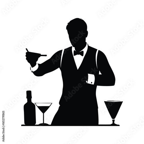 Silhouette of a professional bartender expertly preparing and serving alcoholic beverages
