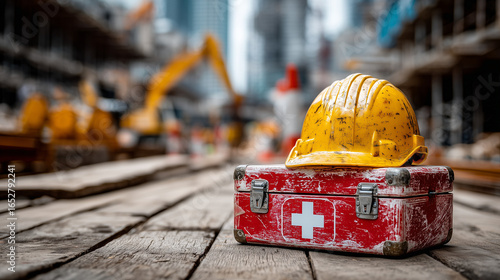 Well organized construction site with prominently placed safety helmet and first aid box representing preparedness and compliance with occupational health standards in the industrial workplace