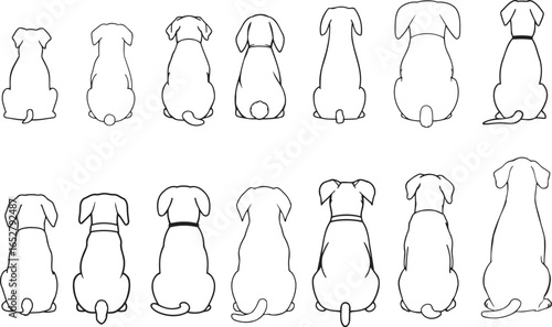 Minimalist black and white set of dogs (view from back). Clean outline  flat simple vector style.