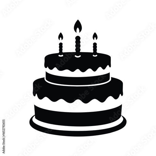 Twotiered birthday cake with three candles in a solid black silhouette