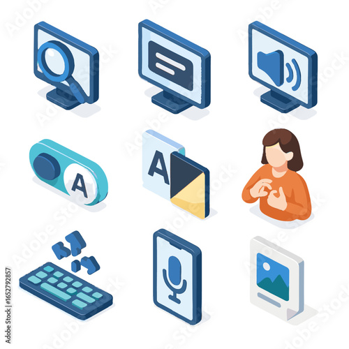 Icons screen speaker tools text navigation vector sign accessibility avatar icon magnifier
