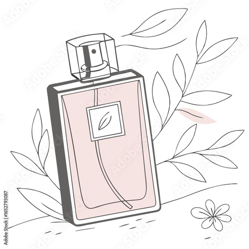 Elegant line art illustration of a pink perfume bottle with a transparent cap and botanical outlines.