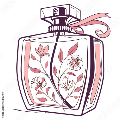 Elegant line art illustration of a glass perfume bottle with an internal floral design and a pink ribbon.