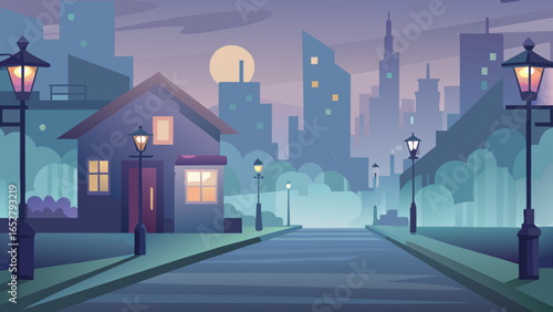 Foggy Town with Bokeh Streetlights Panoramic Vector