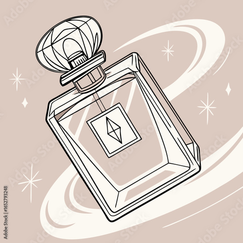 Elegant line art illustration of a rectangular perfume bottle with a faceted gemlike cap.