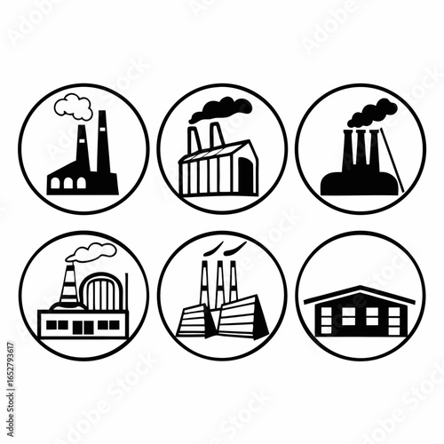Set of industrial factory and residential house icons in circle frames isolated on white background manufacturing building and home symbols
