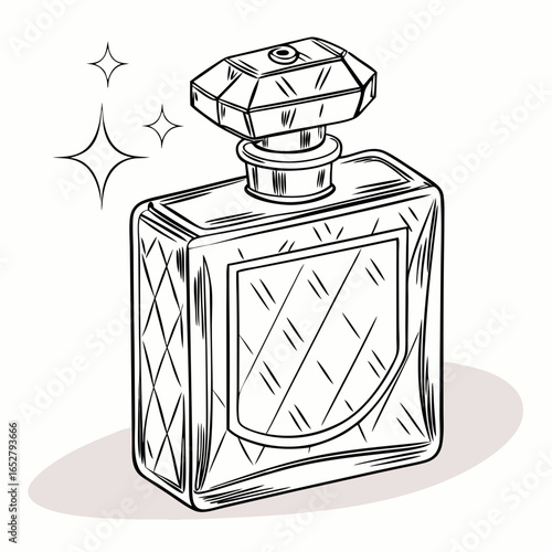 Elegant red line art sketch of a sparkling glass perfume bottle with a faceted cap.