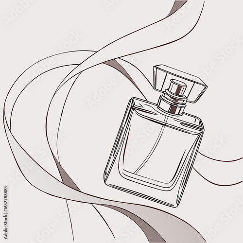 Elegant red line art illustration of a classic square perfume bottle with a geometric cap.