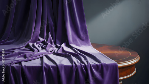 Rich purple silk draped elegantly over a polished wooden table in a softly lit room