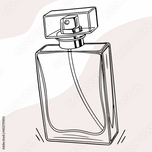 Minimalist contour drawing of a rectangular glass perfume bottle with a transparent cap and spray nozzle.