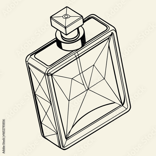 Minimalist line art of a geometric faceted perfume bottle with a square stopper.