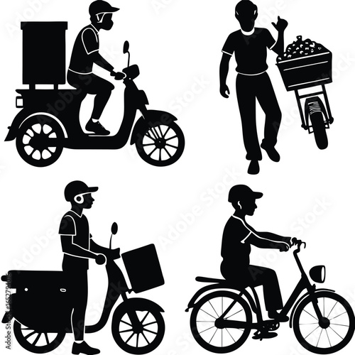 Delivery Workers: Bicycle, Scooter, and Motorcycle Icons