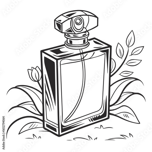 Stylish black and white line art of a glass perfume flacon with a decorative cap and floral elements.