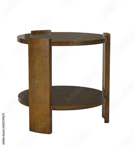 Two tiered round side table with wooden frame studio shot isolated + clipping path. Furniture, interior object.