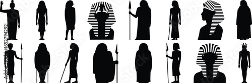 Ancient Egyptian silhouettes vector, pharaoh figures, hieroglyphic style icons, Egyptian gods, queen and king silhouettes, historic Egyptian art