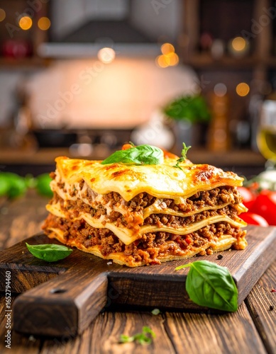 Layered meat lasagna on wooden board