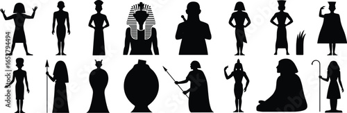Ancient Egyptian silhouettes vector, pharaoh figures, queen and king icons, historic Egypt art, hieroglyph style, Egyptian gods, royal symbols