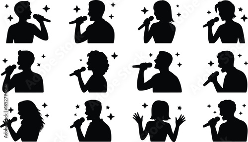 Collection of diverse silhouettes of singers performing with microphones