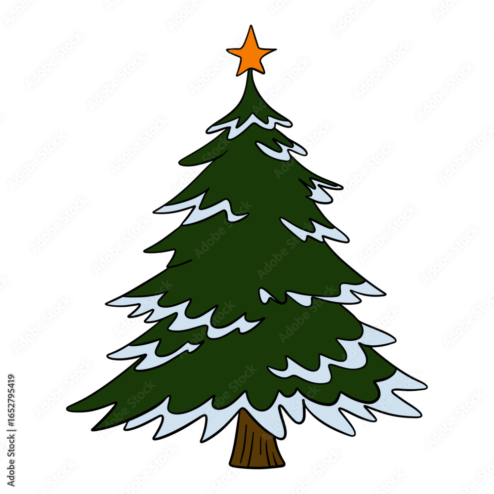 Obraz premium Christmas tree decorated with ornaments, baubles, ribbons, and shining star. Cozy holiday illustration winter celebration, New Year greeting cards, seasonal design, and festive decoration