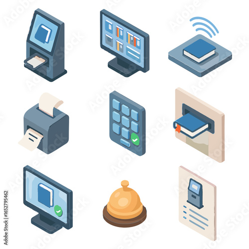 Service poster library book chute vector lending instructional digital screen self icon