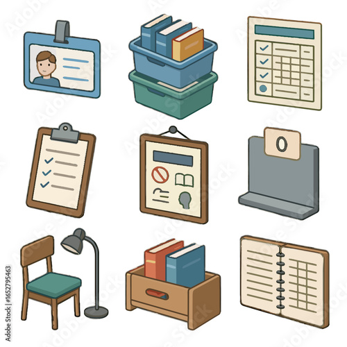 Vector seat icons school bins card shelf lending numbered clipboard icon sheet