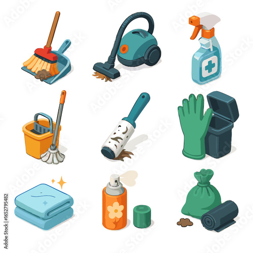 Grooming spray hair trash glove waste tools icon pile vector pet bucket