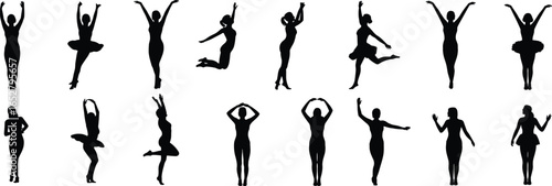 Ballet dancer silhouette collection, female figures performing elegant dance poses, black vector ballerina art, graceful woman movement, posture icons set