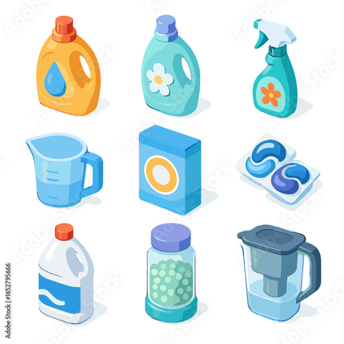 Icon box detergent water spray remover supplies stain bottle icons vector laundry