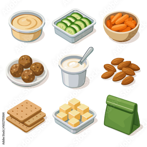 Healthy spoon reusable bag yogurt icons vector cubes container cucumber snack energy