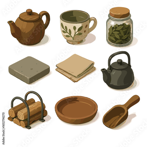 Rustic tray tea holder leaf jar icon cup kettle stone vector fabric