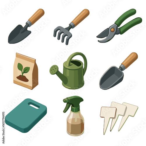 Can seed shovel garden icon vector spray watering urban tags mini tools