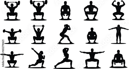 Diverse silhouettes of people performing squats and lunges