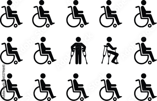 Collection of diverse accessibility icons featuring wheelchairs and mobility aids
