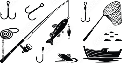 Fishing gear and catch collection illustration