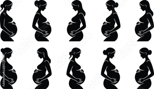 Collection of pregnant woman silhouettes showing different stages of pregnancy