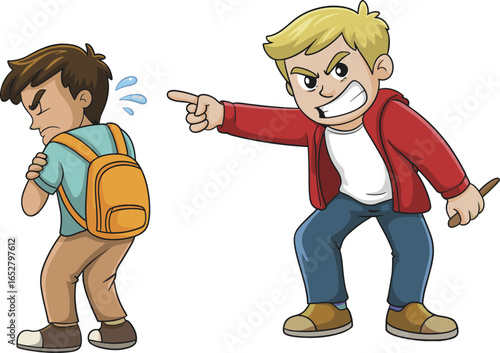 Cartoon bullying scene vector illustration, aggressive boy pointing and yelling at scared student with backpack, school violence and conflict concept.