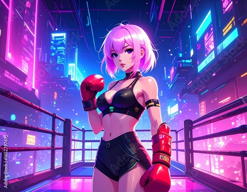 Hyperrealistic anime female boxer in a boxing ring