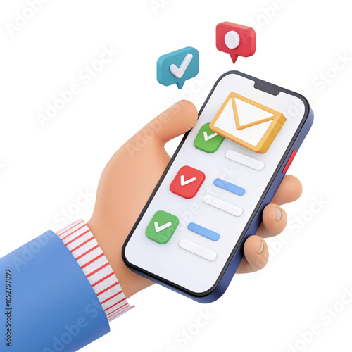 3d icon of a hand holding a smartphone texting, hand holding a mobile phone, hand holding mobile phone with social network icon