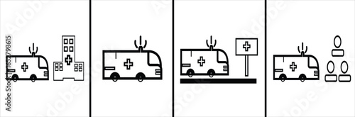 A set of simple, line-art vector icons depicting an ambulance in various scenarios, including arriving at a hospital, on the road, at a patient's location, and with a paramedic team. Ideal for medical