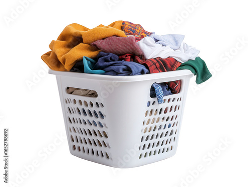 Overflowing laundry basket filled with colorful clothes ready for washing day chore