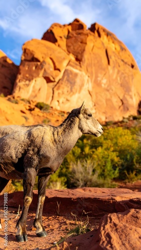 Desert bighorn sheep stands, profile view, against a backdrop of towering sandstone cliffs under a vibrant sky
