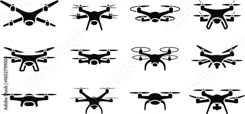 Collection of drone silhouettes in various poses and angles