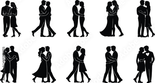 Romantic couple silhouettes dancing and embracing in various poses