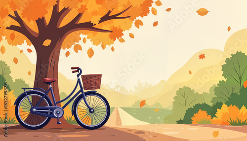 Bicycle beside autumn tree with falling leaves